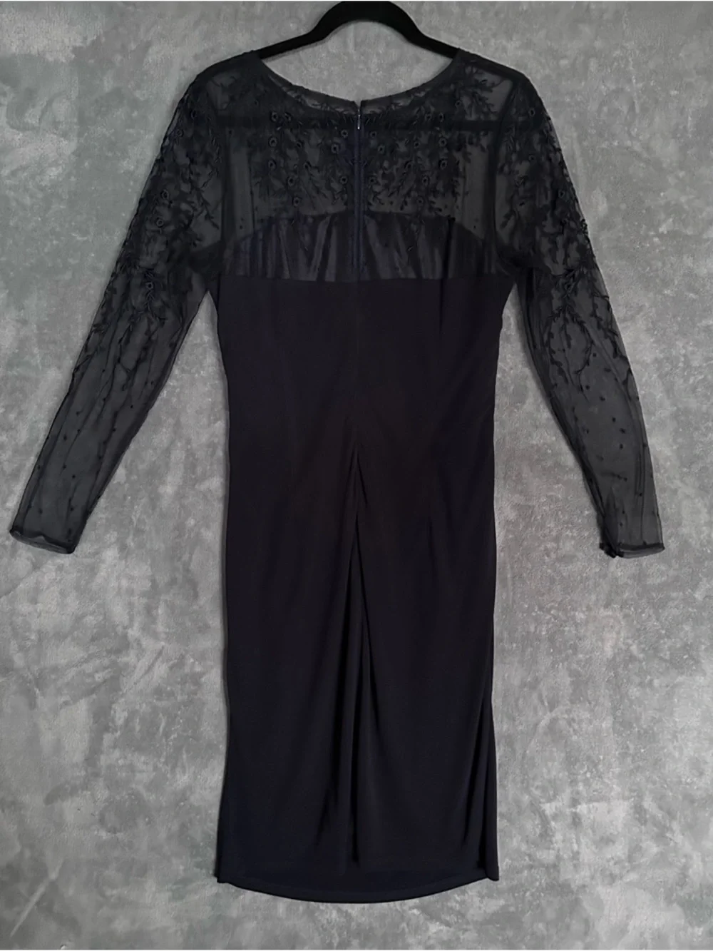 David Meister Navy Mesh-Embroidered Ruched waist Midi Dress size 14 event wed